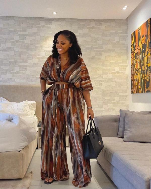 SC Irregular Stripe Print Loose Wide Leg Two Piece Set QOUY-M6034