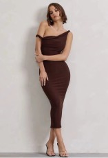 SC Slash Neck Pleated Slim Maxi Dress QOUY-M6030