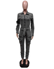 SC Fashion Denim Long Sleeve Belt Jumpsuit MEM-MZ88601
