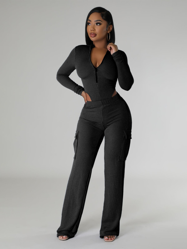 SC Solid Color Zipper Bodysuit And Pants 2 Piece Set CH-HR24062