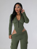 SC Solid Color Zipper Bodysuit And Pants 2 Piece Set CH-HR24062