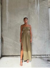 SC Solid Color Blackless Tie Up Maxi Dress QOUY-M6035