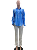SC Stripe Print Long Sleeve Loose Shirt QOUY-M6021