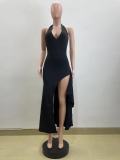 SC Deep V Neck Halter Backless Split Maxi Dress QOUY-M6032