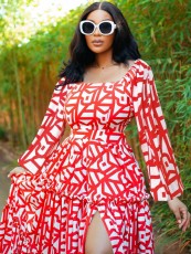 SC U Neck Print Lantern Sleeve Split Maxi Dress QOUY-M6015