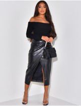 SC Pleated Split Irregular PU Leather Skirt QOUY-M6006