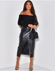 SC Pleated Split Irregular PU Leather Skirt QOUY-M6006