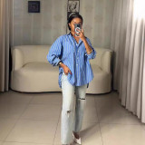 SC Stripe Print Long Sleeve Loose Shirt QOUY-M6021