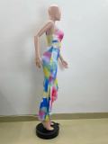 SC Sling V Neck Multicolor Print Ruffled Midi Dress QOUY-M6044