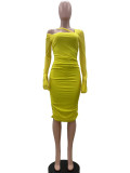 SC Solid Color Long Sleeve Pleated Midi Dress QOUY-M6003