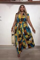 SC V Neck Print Sleeveless Wide Leg Jumpsuit QOUY-M6041