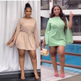 SC Split Drawstring Solid Color Mini Dress QOUY-M6050