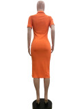 SC Solid Color Lapel Neck Split Midi Dress QOUY-6031