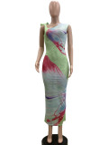 SC Mesh Slash Neck Print Maxi Dress QOUY-M6042