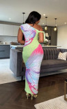 SC Mesh Slash Neck Print Maxi Dress QOUY-M6042
