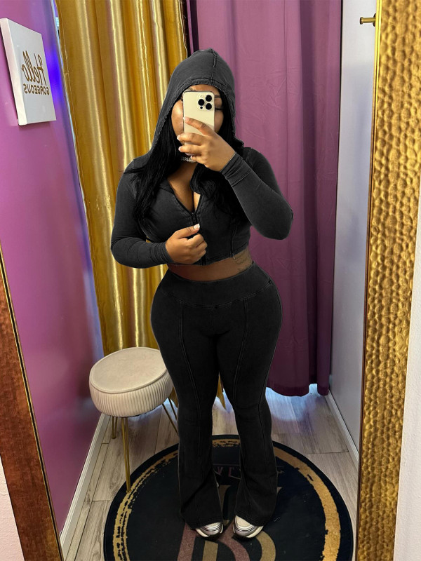 SC Washed Hooded Zipper Flared Pants Two Piece Set CH-24063