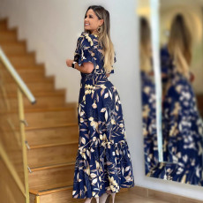 SC Fashion Print V Neck Ruffles Split Maxi Dress GYLY-10532