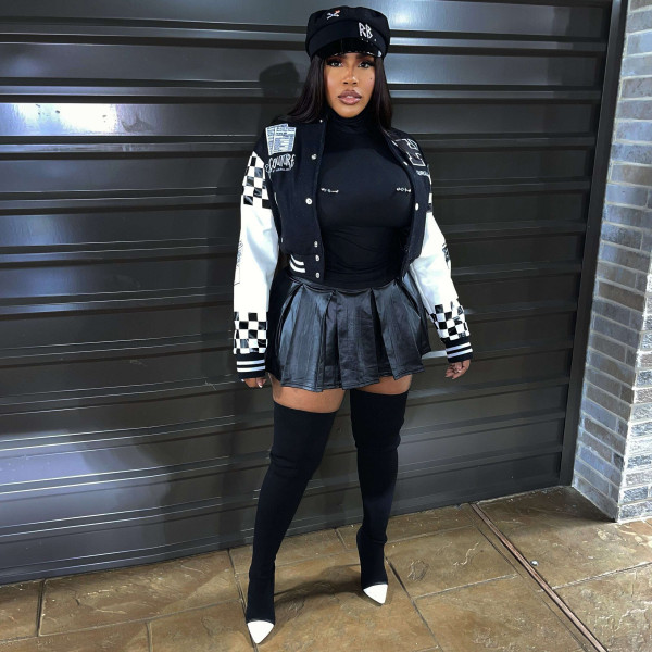 SC Ribbed Color Block Print Baseball Jacket YNSF-2663