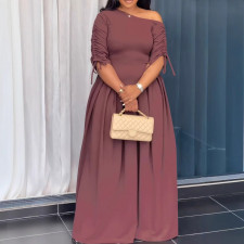 SC Slash Shoulder Pleated Long Sleeve Maxi Dress NY-3302