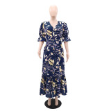 SC Fashion Print V Neck Ruffles Split Maxi Dress GYLY-10532