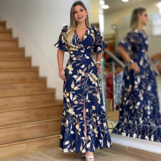 SC Fashion Print V Neck Ruffles Split Maxi Dress GYLY-10532