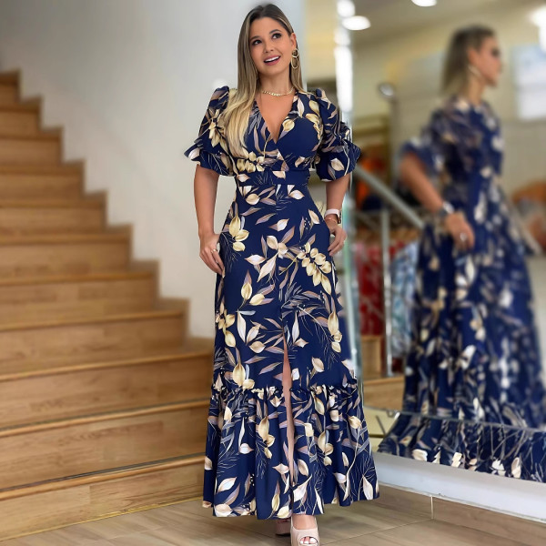 SC Fashion Print V Neck Ruffles Split Maxi Dress GYLY-10532