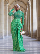 SC Mesh Long Sleeve Tops And Long Skirts Two Piece Set QODY-6050
