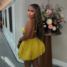 SC Solid Color Pleated Halter Mini Dress GCNE-7675