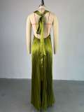 SC Halter V Neck Backless Pleated Maxi Dress GCNE-7637