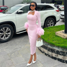 SC Long Sleeve Feather Splicing Midi Dress GCNE-7652