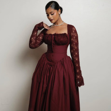 SC Square Neck Lace Long Sleeve Maxi Dress GCNE-7447