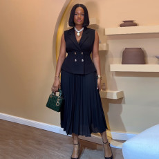 SC Suit Collar Vest Top Pleated Half Body Skirt Set GCNE-7349