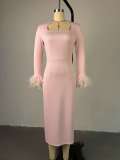 SC Long Sleeve Feather Splicing Midi Dress GCNE-7652