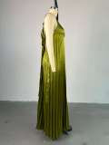 SC Halter V Neck Backless Pleated Maxi Dress GCNE-7637