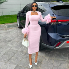 SC Long Sleeve Feather Splicing Midi Dress GCNE-7652