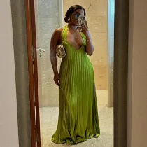 SC Halter V Neck Backless Pleated Maxi Dress GCNE-7637