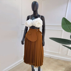 SC High Waist Irregular Tie Pleated Long Skirt GCNE-7493