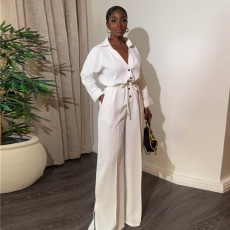 SC Solid Color Long Sleeve Buttoned Wide Leg Jumpsuit GCNE-7469