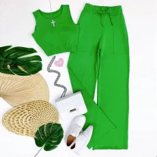 SC Solid Color Vest Drawstring Straight Pants Suit GCNE-3086