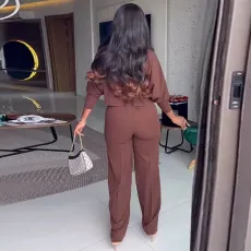 SC Solid Long Sleeve Shirt And Wide Leg Pants Suit GCNE-6952