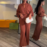 SC Solid Color Long Sleeve Wide Leg Pants Suit GCNE-6993