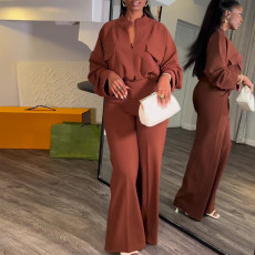 SC Solid Color Long Sleeve Wide Leg Pants Suit GCNE-6993