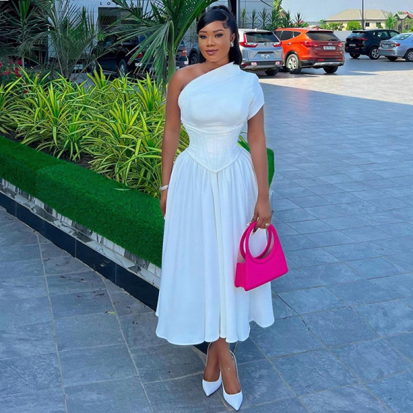 SC Slash Neck Short Sleeve Solid Midi Dress GCNE-7064