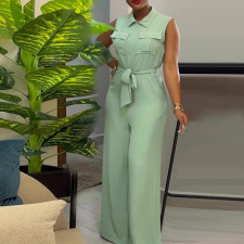 SC Lapel Loose Sleeveless Solid Color Jumpsuit GCNE-7041
