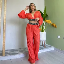 SC Press Pleat V-neck Flare Sleeve Shirt Wide Leg Pants Suit GCNE-6780