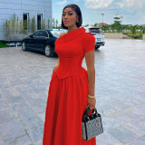 SC Slash Neck Short Sleeve Solid Midi Dress GCNE-7064