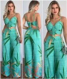 SC Print V Neck Vest And Wide Leg Pants 2 Piece Set GCNE-8505