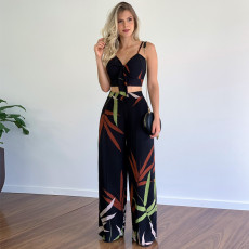 SC Print V Neck Vest And Wide Leg Pants 2 Piece Set GCNE-8505