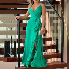 SC Sling V Neck Ruffles Irregular Split Maxi Dress GCNE-8652
