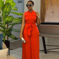 SC Lapel Loose Sleeveless Solid Color Jumpsuit GCNE-7041
